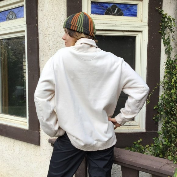 Club room Mens sweatshirt crew neck XL off white shawl knit collar elbow patch - Picture 3 of 12